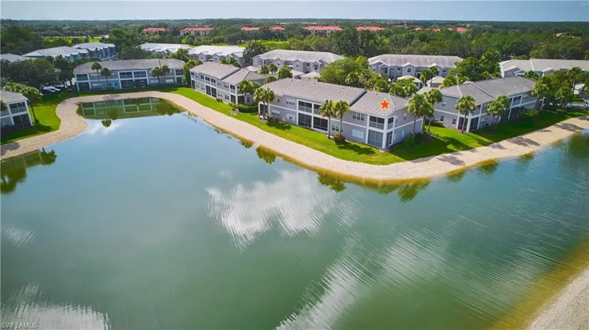 Bird's eye view of the condo complex around the lake