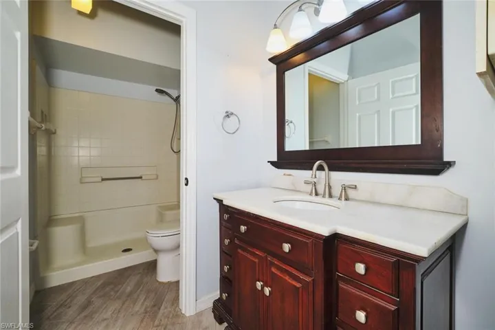 Full bathroom featuring vanity, walk-in shower, walk-in closet.