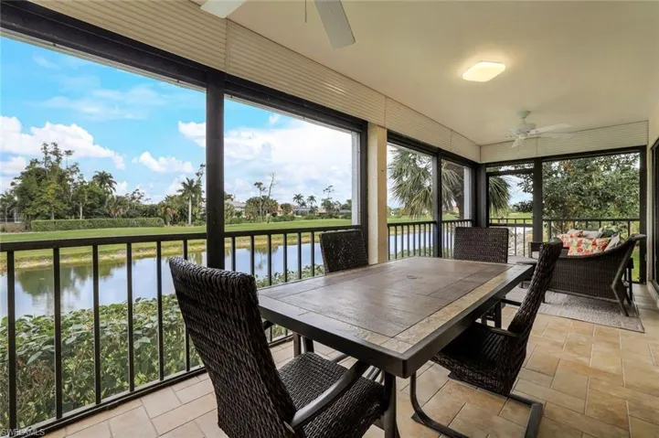 Screened Lanai looks out over the Water and The Golf Course- Perfect East Rear Exposure