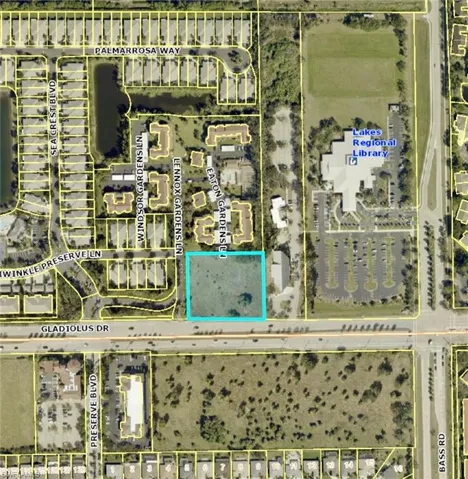 Aerial map of property and surrounding area with property parcel outlined