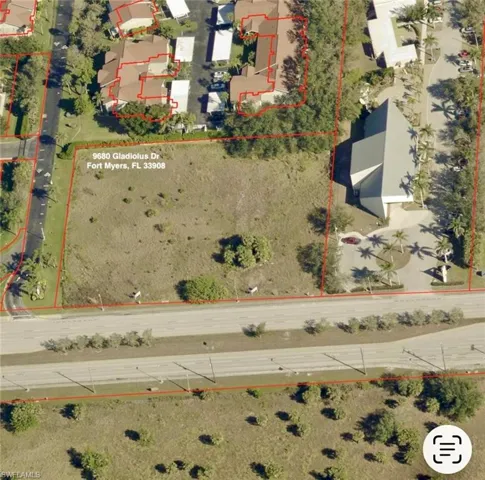 Aerial view of property's location with property boundaries highlighted