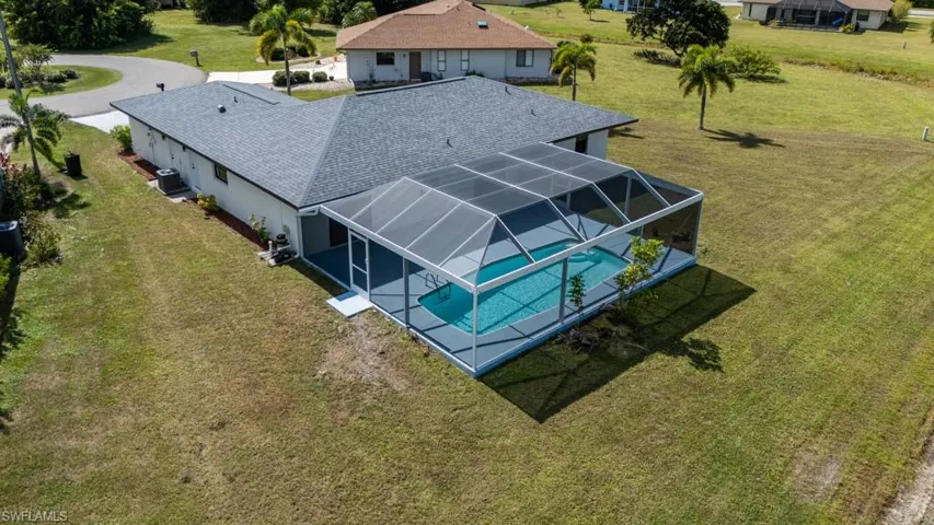 Bird’s-eye view of the pool and patio area.