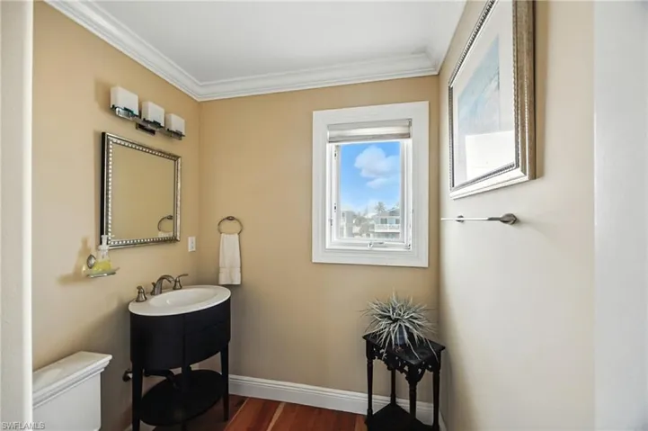 Bathroom with dark wood finished floors, vanity, and ornamental molding