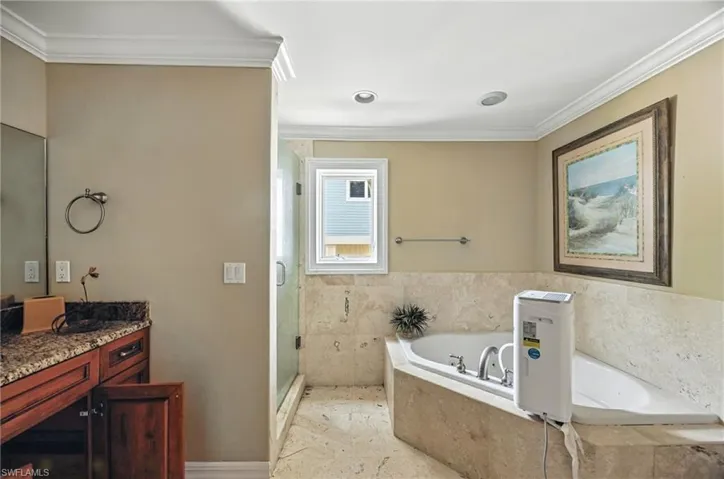 Bathroom with vanity, crown molding, a stall shower, and a bath