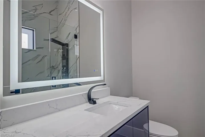 Bathroom featuring vanity, toilet, and walk in shower
