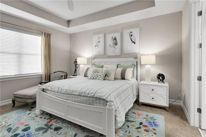 Carpeted bedroom with ceiling fan and a tray ceiling