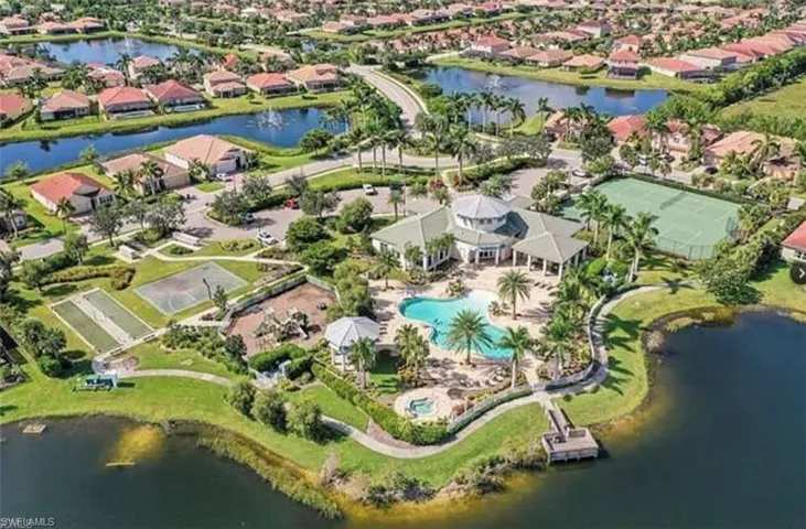 Aerial overview of property's location with a large body of water and nearby suburban area