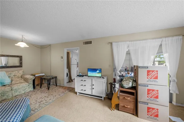 Living room featuring light carpet, a textured ceiling, and washer / clothes dryer
