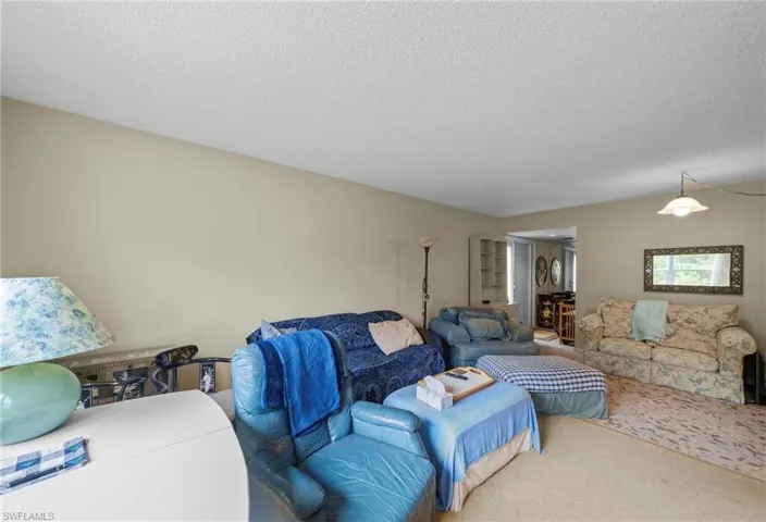 Living area featuring carpet and a textured ceiling