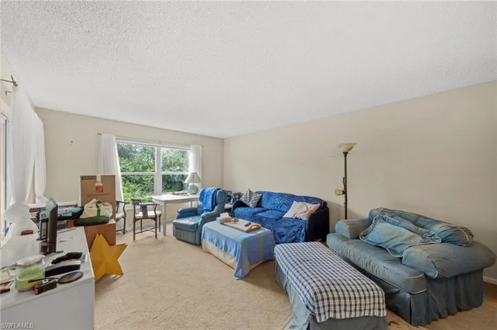Living room with light colored carpet and a textured ceiling