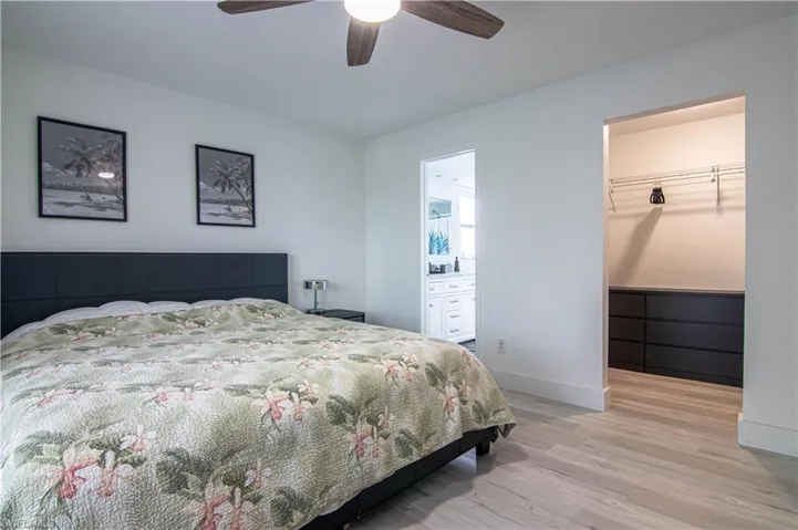 Bedroom featuring light wood finished floors, a spacious closet, and a ceiling fan