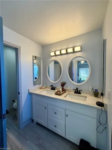 Bathroom featuring double vanity and dark wood-style floors