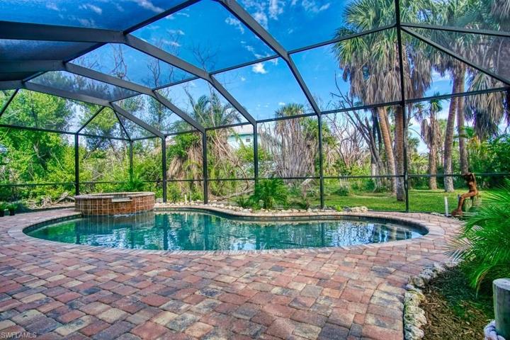 Newer custom free form swimming pool, elevated waterfall spa, interlocking paver decking, and a custom screen enclosure.