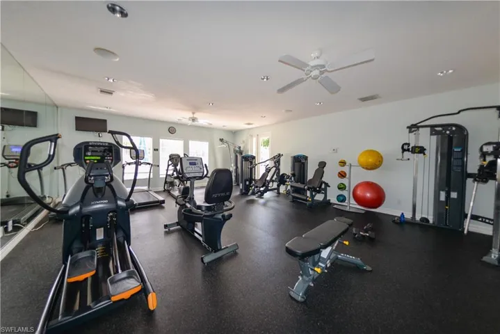 Workout area with ceiling fan