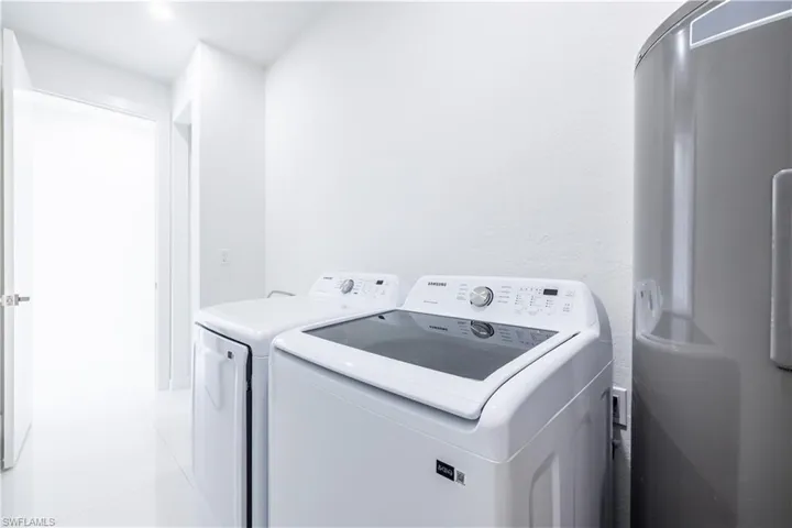 Laundry room featuring electric water heater and washing machine and clothes dryer