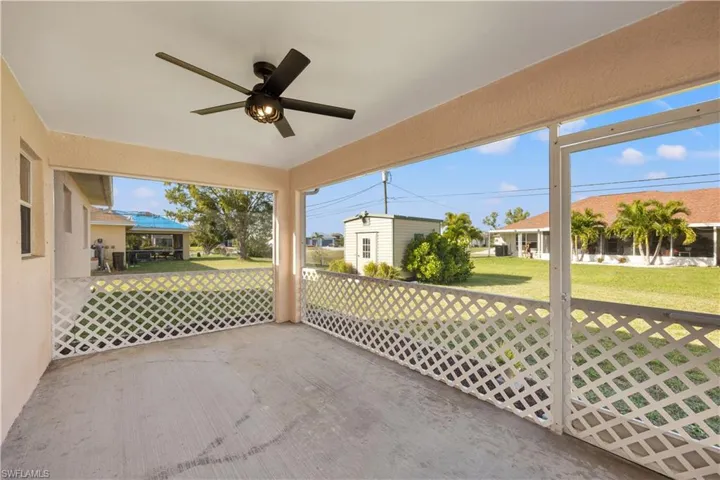 View of patio with ceiling fan