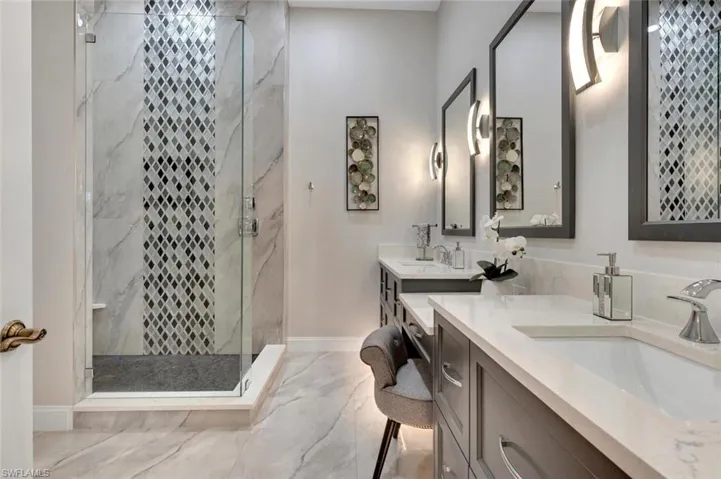 Bathroom with vanity and a shower with door
