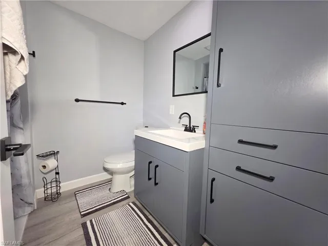Bathroom featuring vanity and wood finished floors