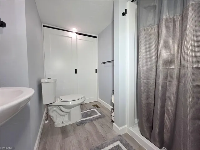 Bathroom with wood finished floors and a shower with shower curtain