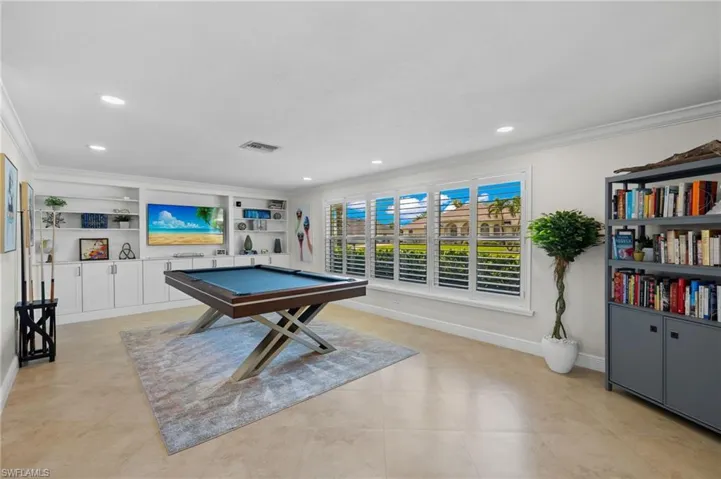 Game room with visible vents, baseboards, ornamental molding, recessed lighting, and pool table