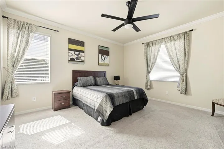 Bedroom featuring crown molding, light carpet, a ceiling fan, and multiple windows
