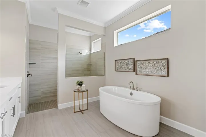 Bathroom featuring crown molding, vanity, and plus walk in shower