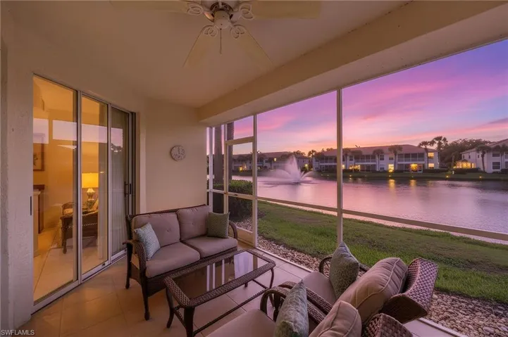 Enjoy beautiful Southern lake and fountain views from your screened in lanai
