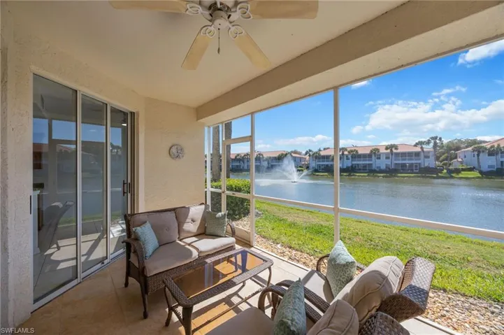 Screened in lanai with Southern lake and fountain views