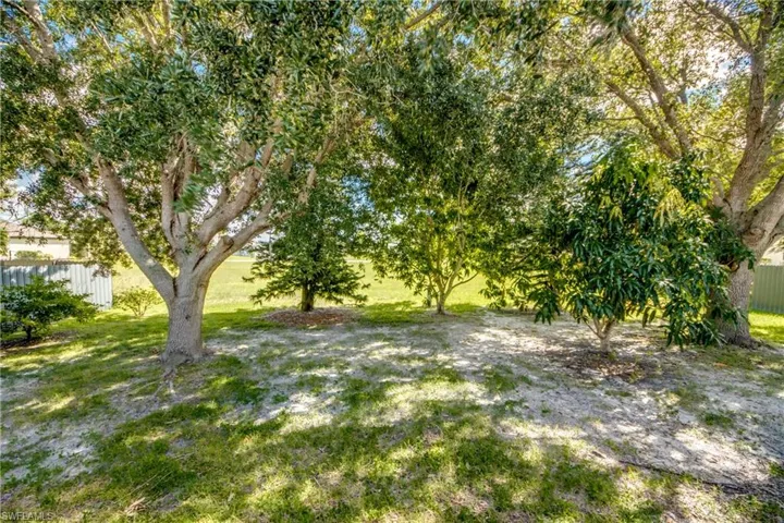 Outdoor space featuring mature trees, established landscaping, and perimeter fencing