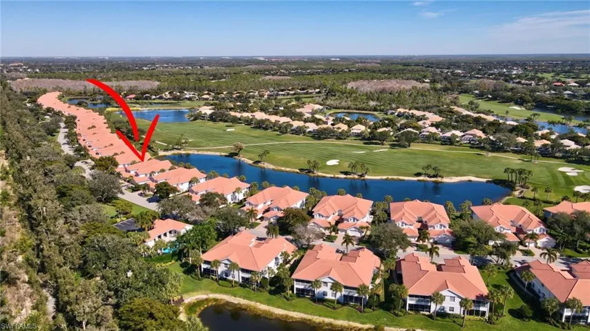 Aerial overview of property's location with a local golf course, a nearby body of water, and nearby suburban area