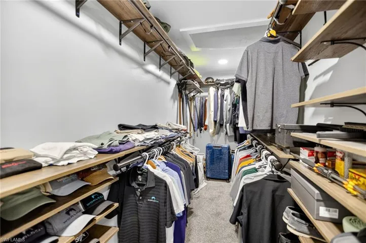 Spacious closet with light colored carpet and attic access