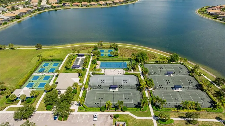 Aerial view of residential area with a large body of water