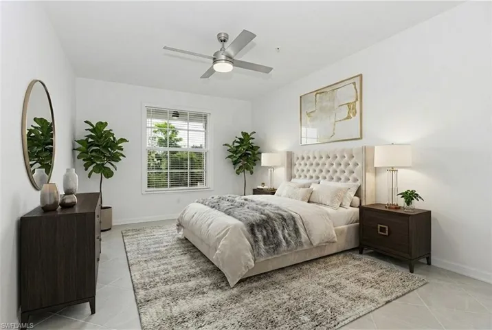 Bedroom featuring ceiling fan and light tile patterned floors