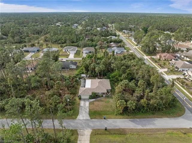 Aerial perspective of suburban area with a forest