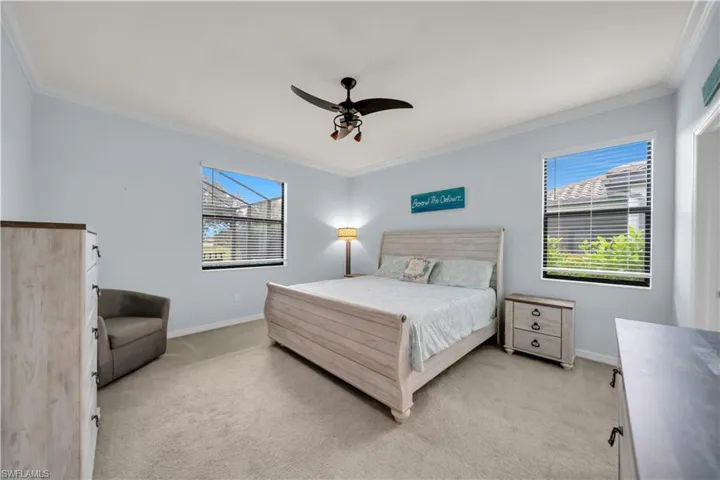Carpeted flooring, crown molding, double windows, and a ceiling fan with light fixture