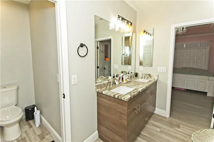Full bathroom with light wood-style floors and double vanity