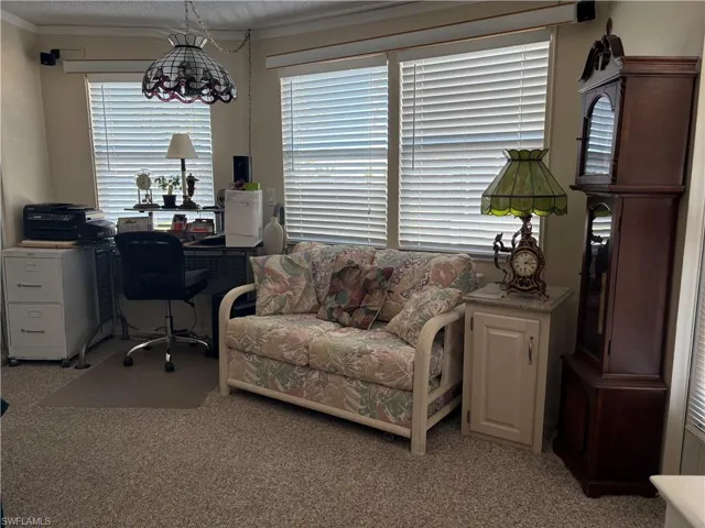 Office with light carpet, a textured ceiling, and crown molding