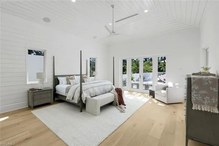 Bedroom featuring recessed lighting, light wood-style floors, and wooden ceiling