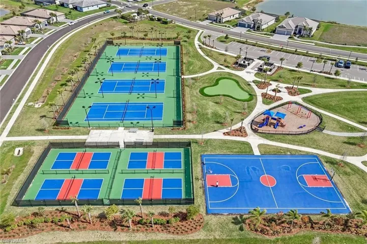 Aerial view of residential area with a large body of water