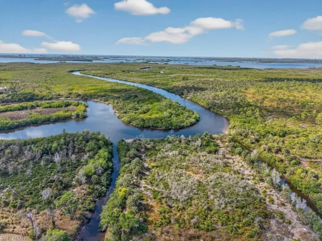 Bird's eye view ofDrone / aerial view of Estero River leading to Gulf of America