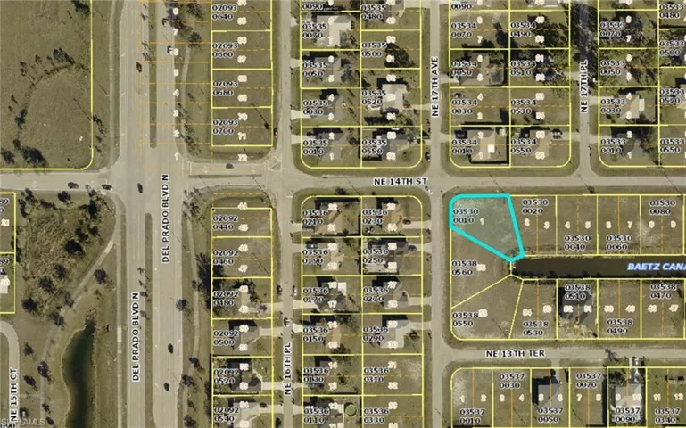 Aerial map of property and surrounding area with property parcel outlined
