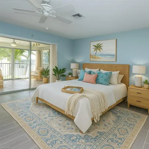 Bedroom AI generated for example purposes onlyaccess to outside, wood finished floors, and ceiling fan