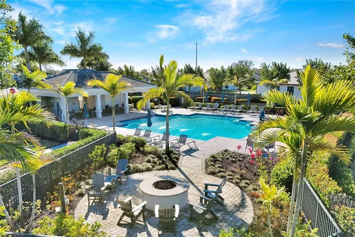 Community pool featuring a patio and an outdoor fire pit