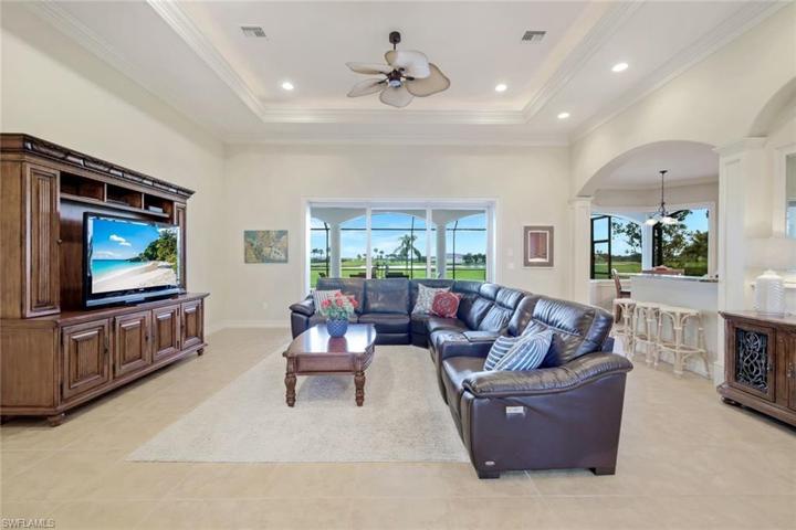 Large Great Room with impressive architectural tray ceilings