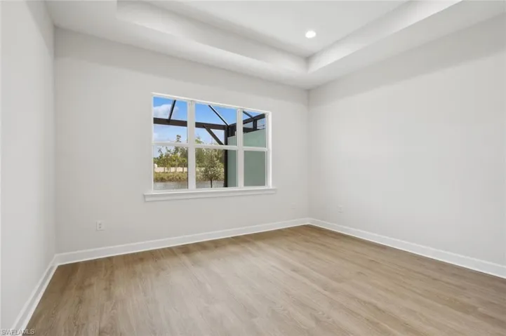 Empty room with a tray ceiling and light wood-type flooring
