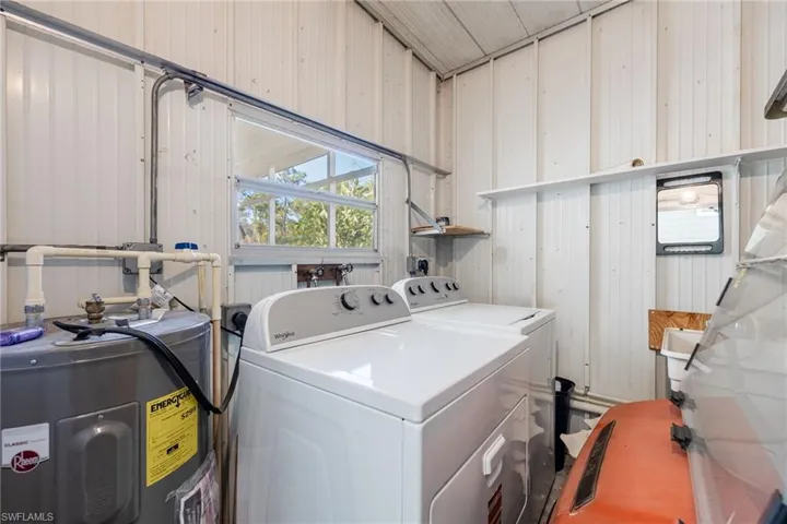 Laundry room featuring water heater and independent washer and dryer