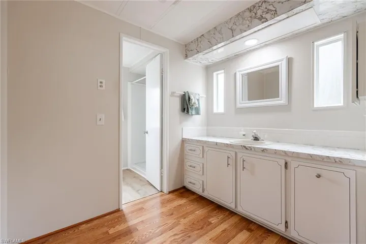 Bathroom with vanity, light wood-type flooring, and a stall shower