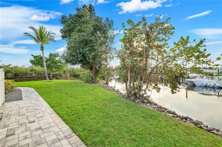 View of green lawn with a water view