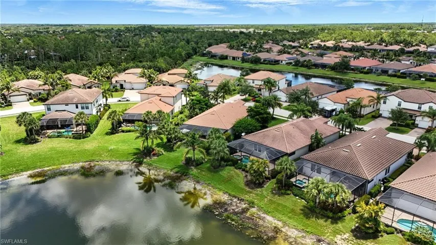Aerial perspective of suburban area with a large body of water