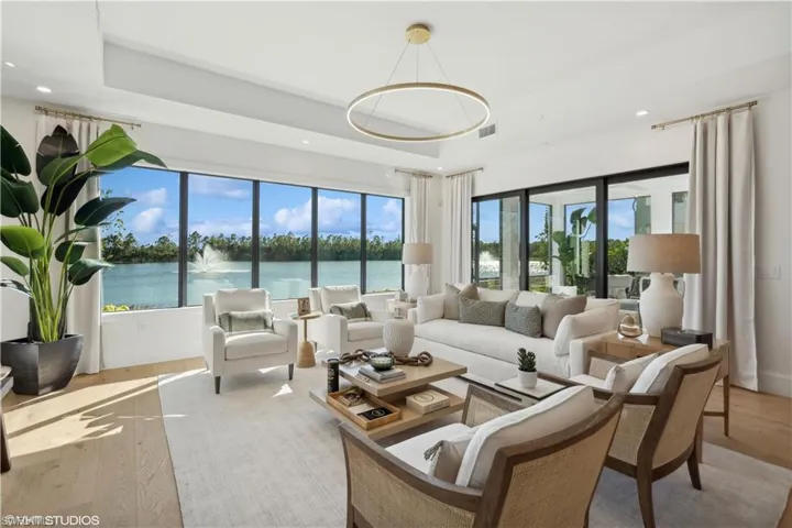 Living room with a raised ceiling, light hardwood / wood-style flooring, and a water view
